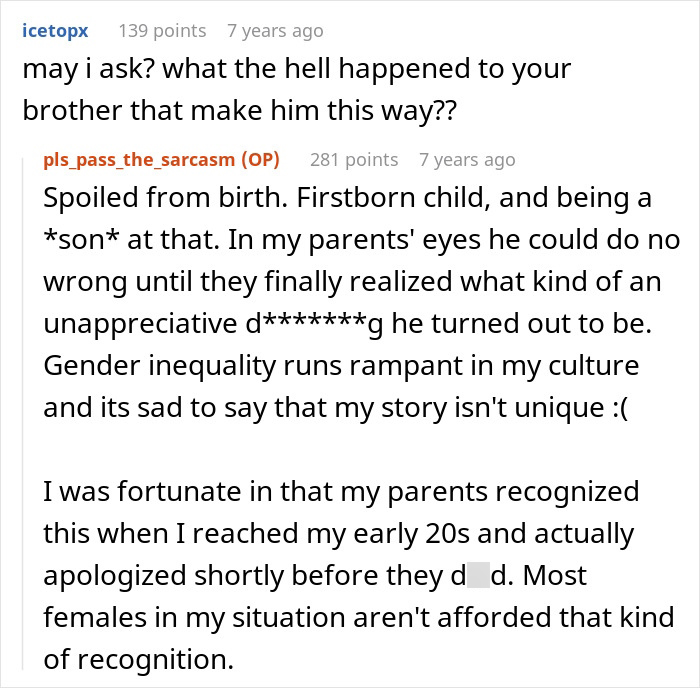 Comment section: user asks what happened to brother; OP explains brother squandered inheritance due to being spoiled. Comment section: user asks what happened to brother; OP explains brother squandered inheritance due to being spoiled.
