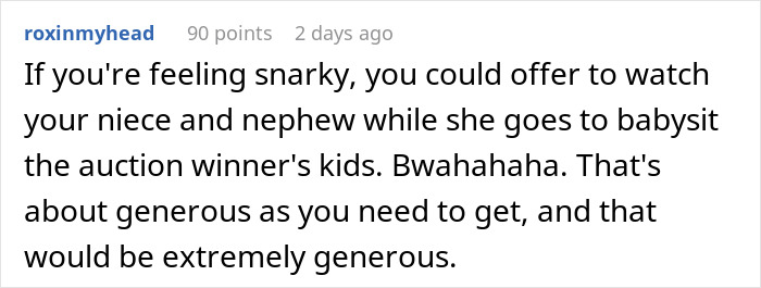 Screenshot of Reddit comment suggesting a snarky babysitting trade