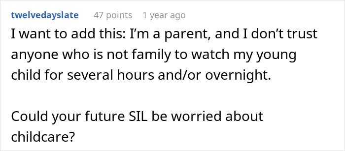 A comment from a parent concerned about childcare for a child-free celebration and in-laws demands.