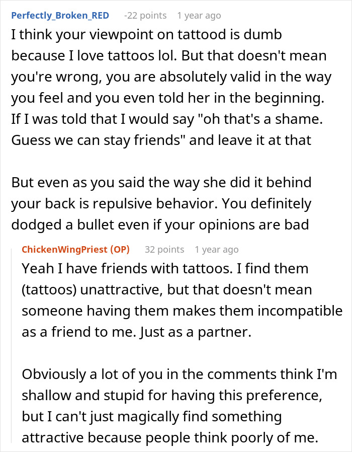 Screenshot of a Reddit comment about differing viewpoints on tattoos and relationships. Screenshot of a Reddit comment about differing viewpoints on tattoos and relationships.