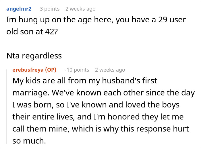 A comment questioning a husband's son's age and the wife's emotional hurt from her husband's actions. A comment questioning a husband's son's age and the wife's emotional hurt from her husband's actions.