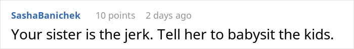 Comment calls sister a jerk for not babysitting