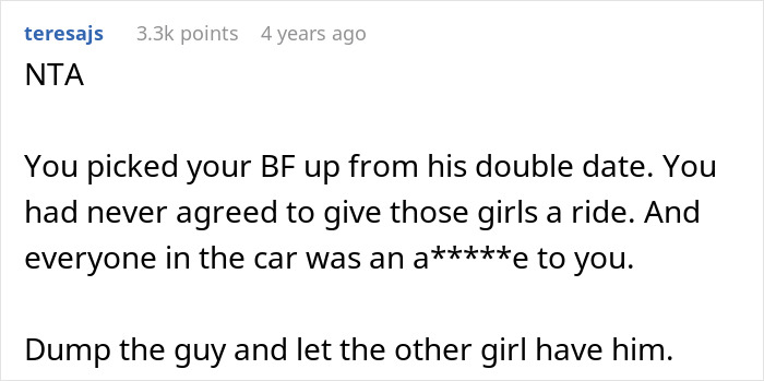 Online comment advises GF to dump her mean boyfriend for siding with the drunk women who insulted her. Online comment advises GF to dump her mean boyfriend for siding with the drunk women who insulted her.