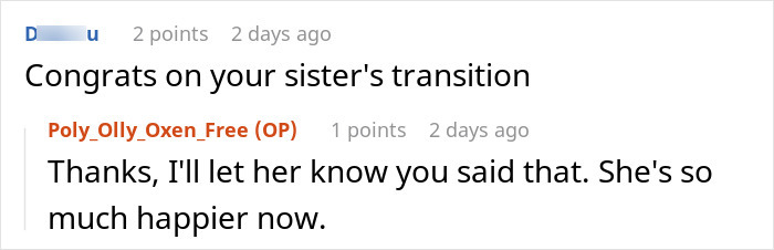 A screenshot of a comment congratulating the OP on his sister's transition, related to BIL inviting him to breakfast. A screenshot of a comment congratulating the OP on his sister's transition, related to BIL inviting him to breakfast.
