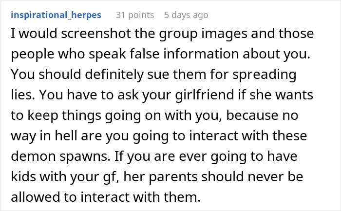 A comment suggesting to screenshot and sue parents for spreading false information to ruin their daughter's boyfriend's reputation. A comment suggesting to screenshot and sue parents for spreading false information to ruin their daughter's boyfriend's reputation.