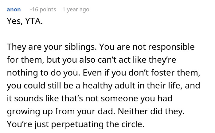A Reddit comment calling out a man for not saving his half-siblings from foster care, stating his responsibility as a sibling.