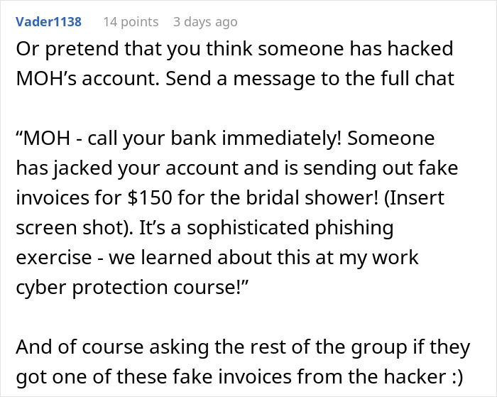 MOH account sending fake invoices for $150 for bridal shower guests, a sophisticated phishing exercise.