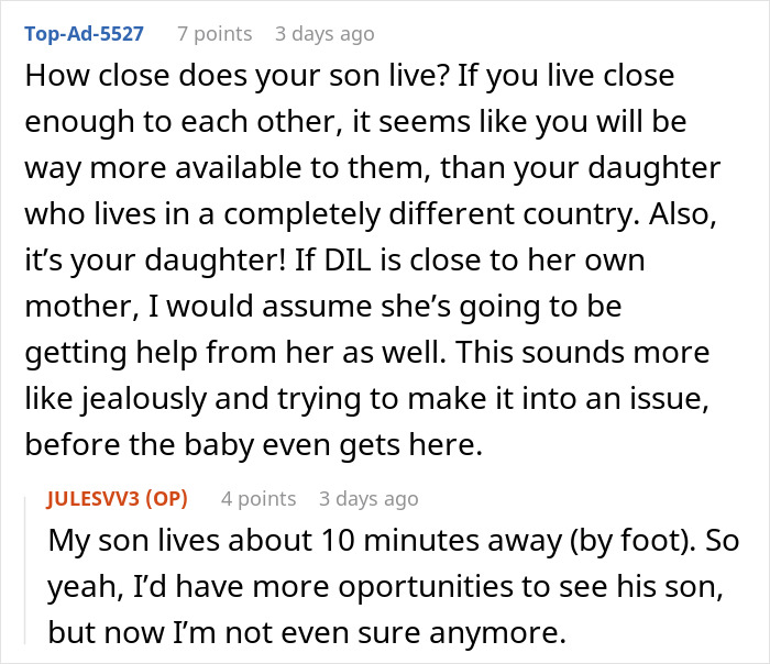 A Reddit thread discussing a mother-in-law's decision to support her daughter with twin newborns abroad. A Reddit thread discussing a mother-in-law's decision to support her daughter with twin newborns abroad.