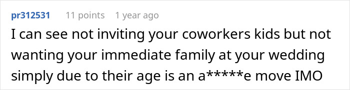 A Reddit comment about in-laws demanding special exceptions for child-free celebration, and not inviting immediate family to the wedding.