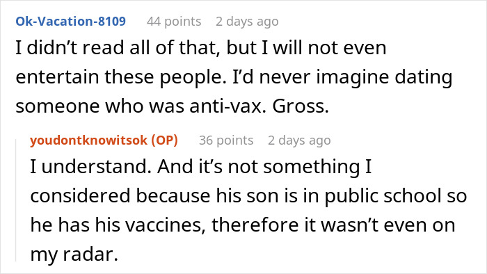 Users online sharing their perspectives on dating someone who chooses to argue against vaccines. Users online sharing their perspectives on dating someone who chooses to argue against vaccines.