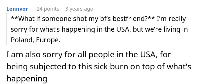 A screenshot showing a Reddit comment where a user responds to a previous comment about the US while discussing the drunk women. A screenshot showing a Reddit comment where a user responds to a previous comment about the US while discussing the drunk women.