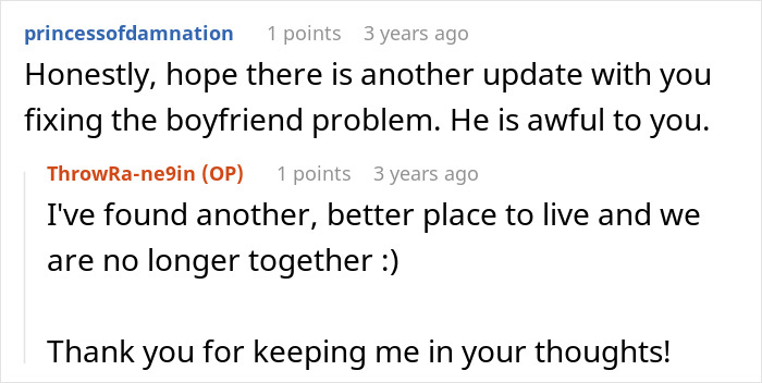 A screenshot of a Reddit comment where OP says she is no longer with her BF who thought she was mean. A screenshot of a Reddit comment where OP says she is no longer with her BF who thought she was mean.