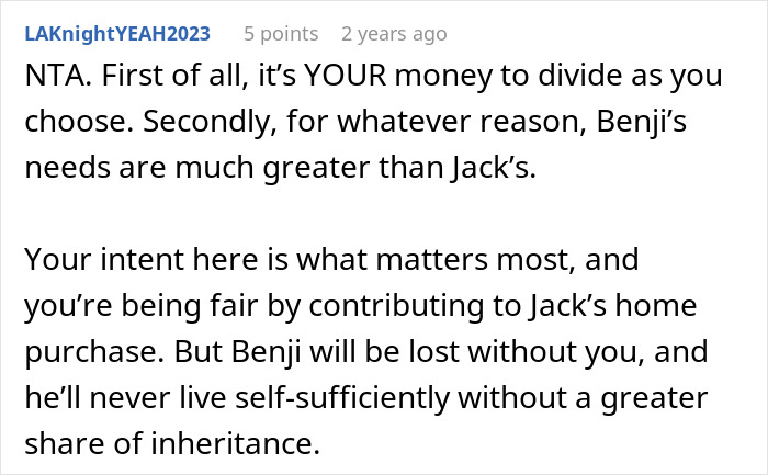 A comment about dividing inheritance, prioritizing a son's greater needs for a successful life. A comment about dividing inheritance, prioritizing a son's greater needs for a successful life.