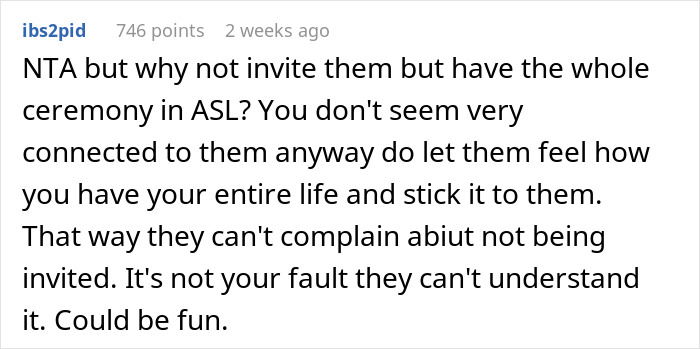 Reddit comment suggesting wedding ceremony in ASL to involve family, linked to deaf bride Reddit comment suggesting wedding ceremony in ASL to involve family, linked to deaf bride