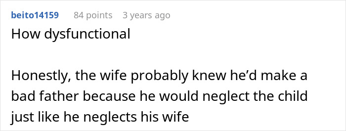 Comment discusses dysfunctional marriage and wife's ultimatum affecting husband and child
