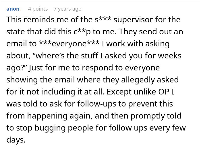Screenshot of Reddit comment on supervisors trying to make employee look bad, and the employee making supervisors look worse. Screenshot of Reddit comment on supervisors trying to make employee look bad, and the employee making supervisors look worse.