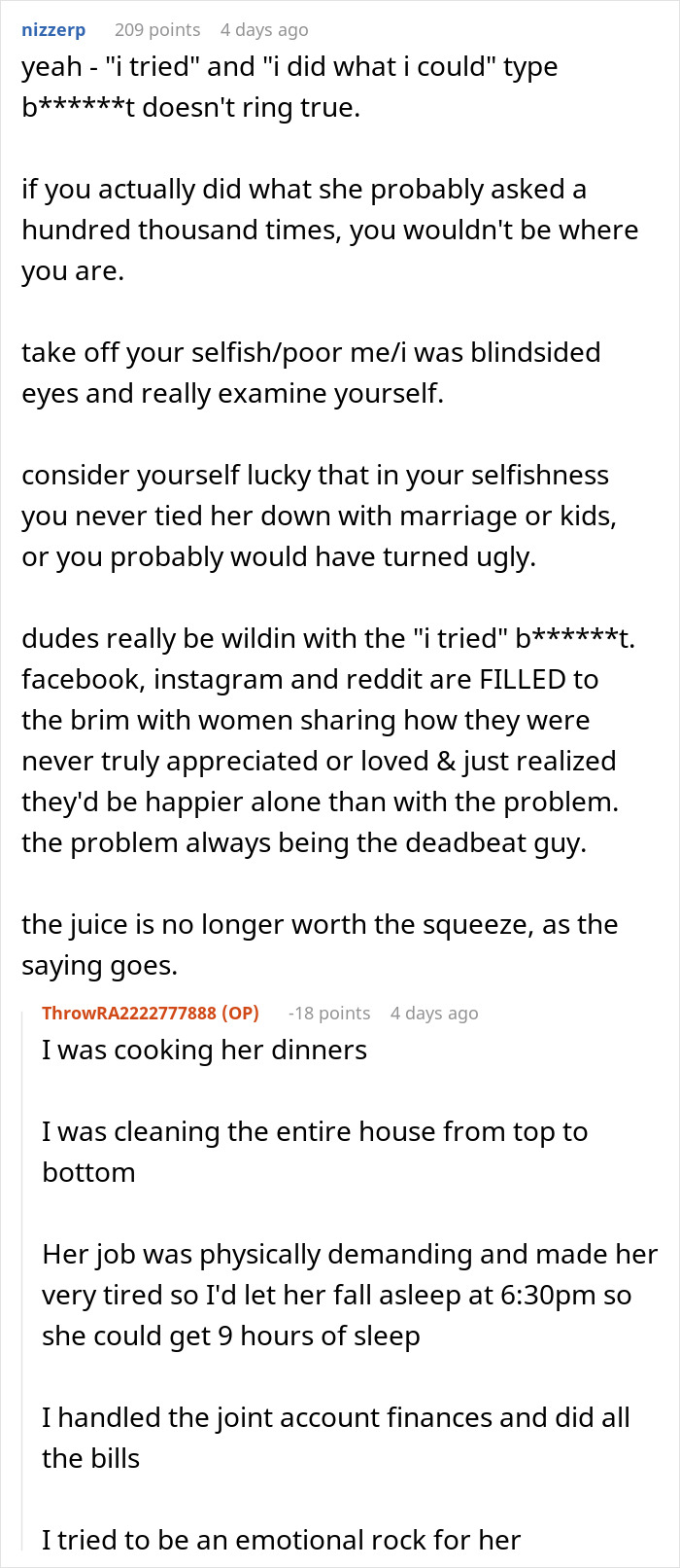 A screenshot of a Reddit comment arguing with the original poster about his relationship after he proposes. A screenshot of a Reddit comment arguing with the original poster about his relationship after he proposes.