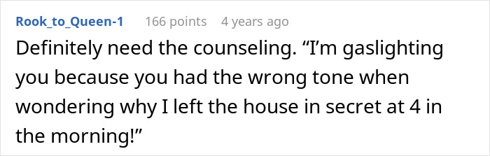 A comment from Rook_to_Queen-1 discussing counseling regarding a wife hiding money from hubby. A comment from Rook_to_Queen-1 discussing counseling regarding a wife hiding money from hubby.