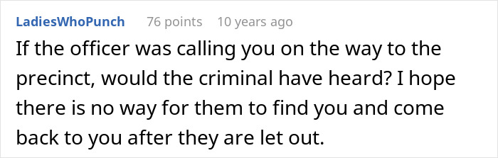 A user comment questioning if the credit card thief could hear the officer calling.