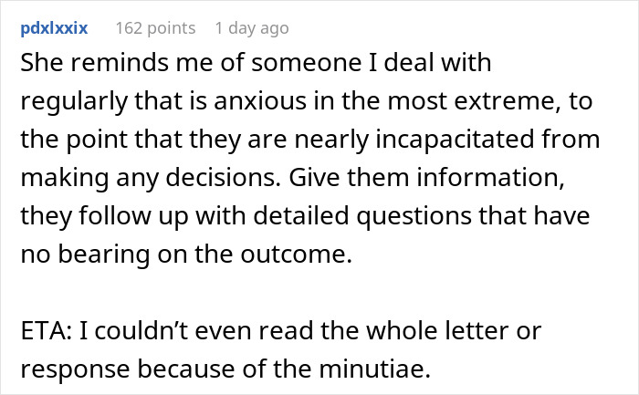 Screenshot of a comment discussing anxiety and decision-making over a gender-biased boss complaint. Screenshot of a comment discussing anxiety and decision-making over a gender-biased boss complaint.