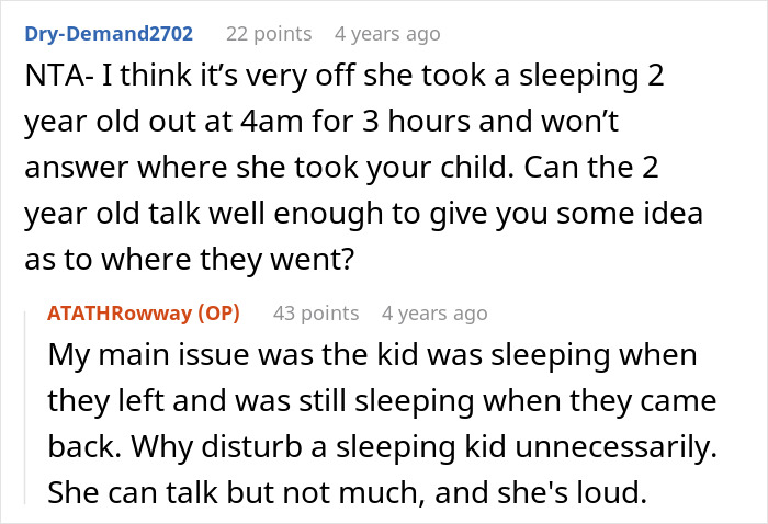 A Reddit comment criticizing the wife for taking a sleeping 2-year-old out at 4AM for three hours and not explaining where. A Reddit comment criticizing the wife for taking a sleeping 2-year-old out at 4AM for three hours and not explaining where.
