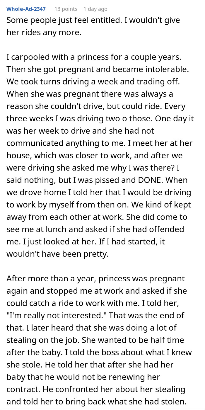 Employee Gives Coworker A Ride To Work, Finds Out She’s Been Offering Seats In Their Car To Other People Employee Gives Coworker A Ride To Work, Finds Out She’s Been Offering Seats In Their Car To Other People