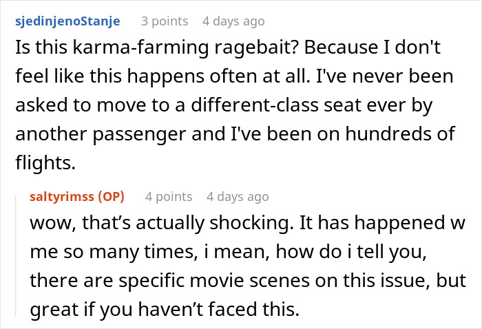 A comment expresses disbelief that a passenger would ask to switch an airplane window seat for an aisle one because of a kid. A comment expresses disbelief that a passenger would ask to switch an airplane window seat for an aisle one because of a kid.
