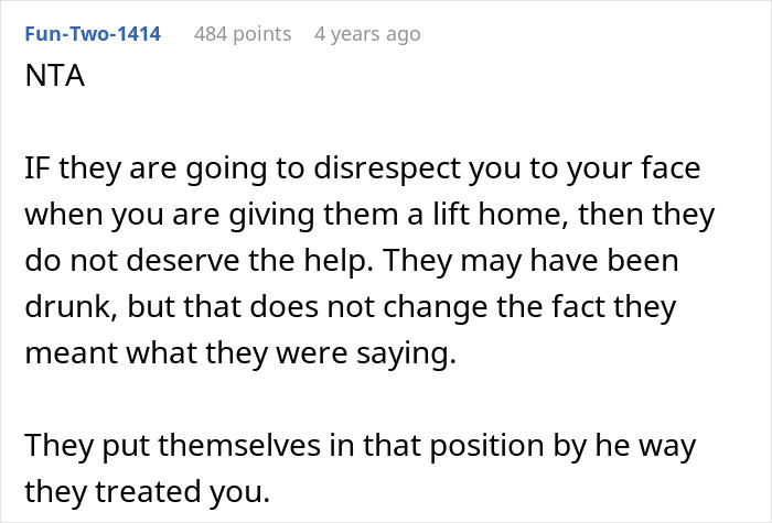 A user comment on the GF says no to driving drunk women story, arguing against driving disrespectful drunk women. A user comment on the GF says no to driving drunk women story, arguing against driving disrespectful drunk women.