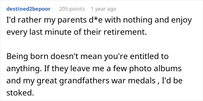 A comment about wanting parents to enjoy their retirement instead of worrying about an inheritance. A comment about wanting parents to enjoy their retirement instead of worrying about an inheritance.