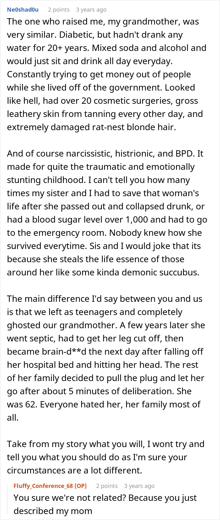 A Reddit comment detailing a toxic grandmother's poor health choices and the consequences for her kidney.