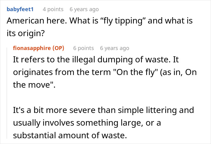 A screenshot of a discussion explaining the term fly tipping related to a landlord-tenant dispute over a car. A screenshot of a discussion explaining the term fly tipping related to a landlord-tenant dispute over a car.