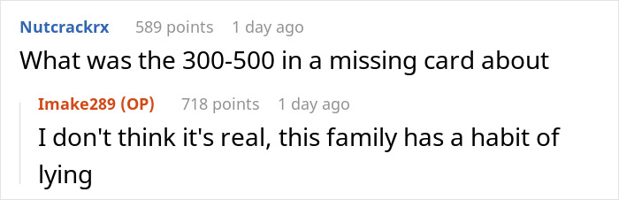 Screenshot of online comments discussing missing gift cards and family drama at a wedding.