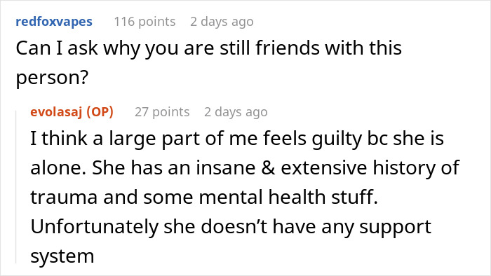 A screenshot of a Reddit comment asking why OP is friends with a mother leaving children for IVF. A screenshot of a Reddit comment asking why OP is friends with a mother leaving children for IVF.