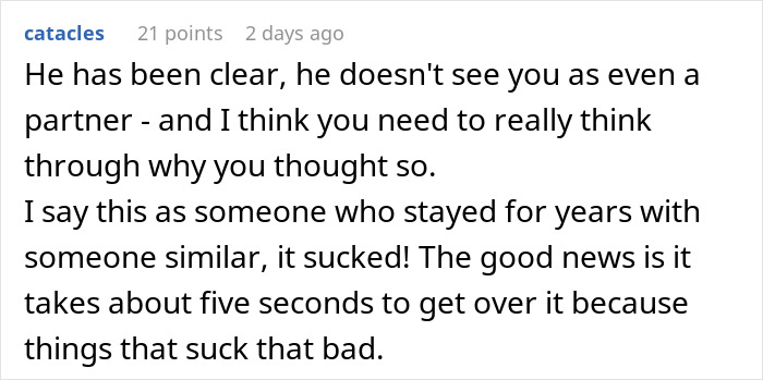 A comment suggesting a girlfriend rethink her relationship after her guy doesn't want to marry her.