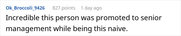 User comment on senior management being naive, from a discussion on a gender-biased boss. User comment on senior management being naive, from a discussion on a gender-biased boss.