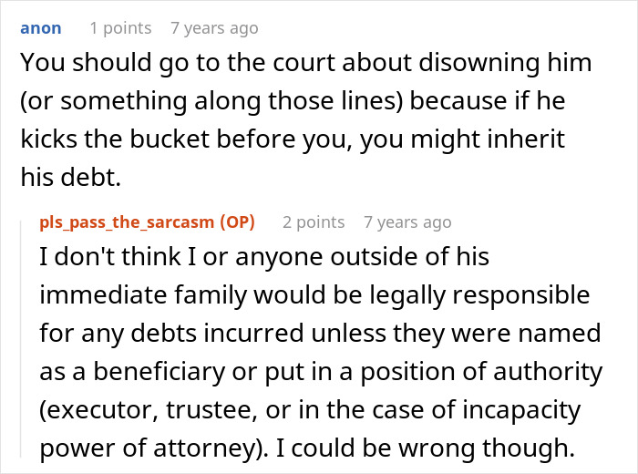 A Reddit comment discussing the legal implications of disowning a brother who squandered inheritance to avoid his debt. A Reddit comment discussing the legal implications of disowning a brother who squandered inheritance to avoid his debt.