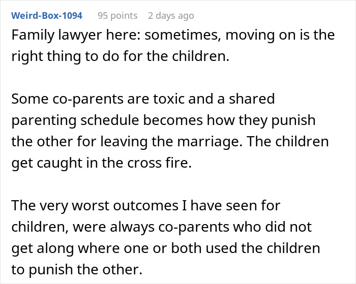 A Reddit comment from a family lawyer stating that moving on is sometimes best for the children in IVF situations. A Reddit comment from a family lawyer stating that moving on is sometimes best for the children in IVF situations.