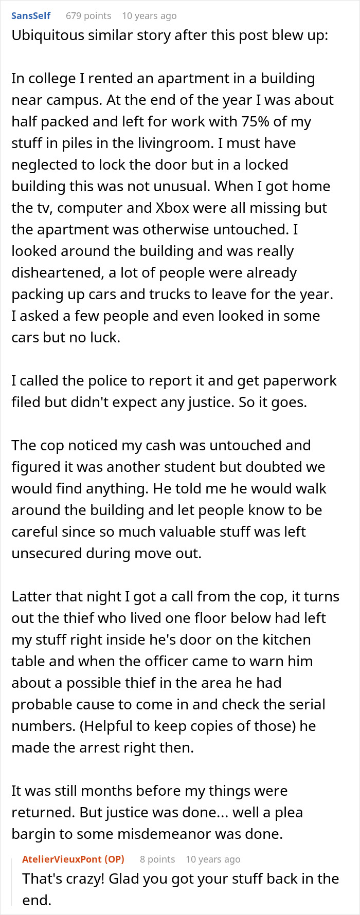 A forum comment sharing a similar story about a thief and a police officer making an arrest