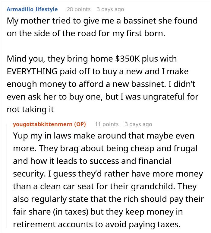 Reddit discussion about mom's in-laws digging baby's car seat from NYC garbage
