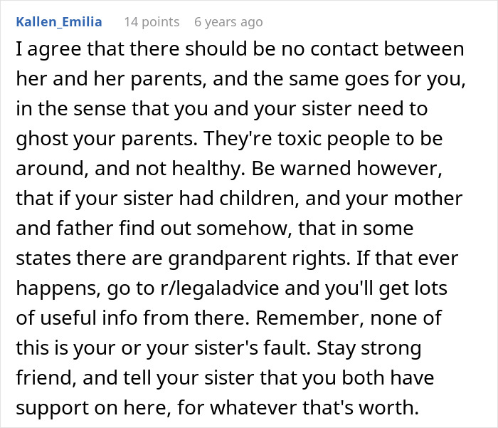 A Reddit comment from Kallen_Emilia suggesting no contact with toxic parents and warning about grandparent rights. A Reddit comment from Kallen_Emilia suggesting no contact with toxic parents and warning about grandparent rights.