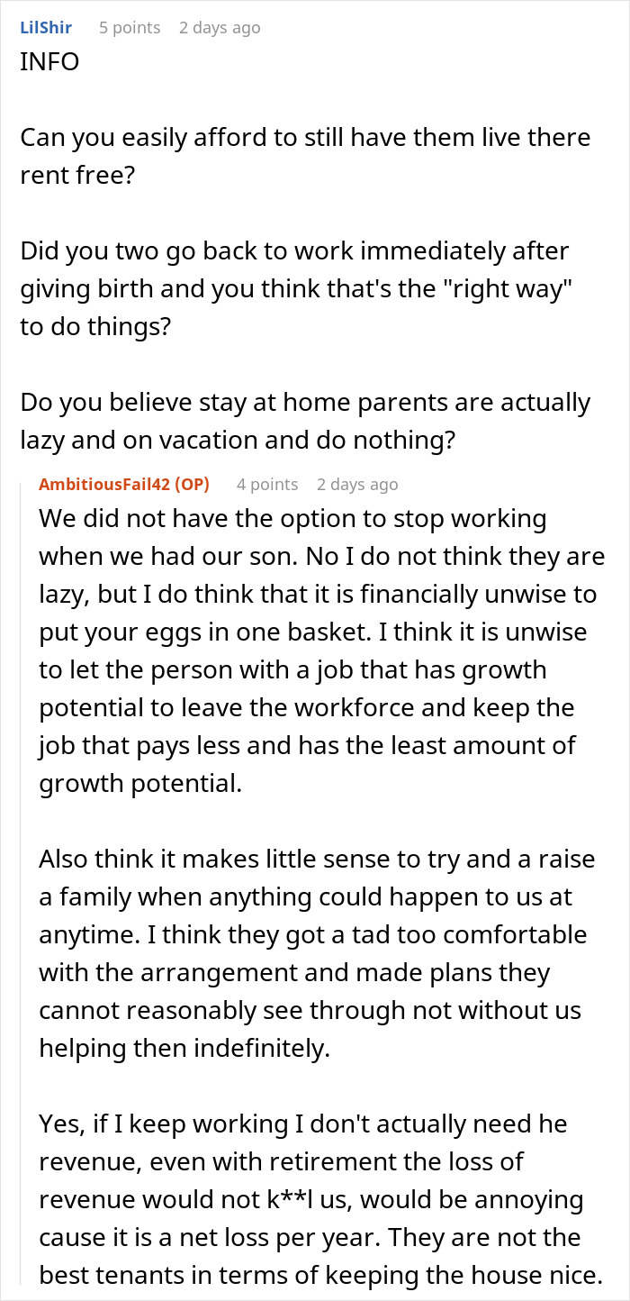 A Reddit discussion about parents giving son free housing, debating if stay-at-home parents are lazy.