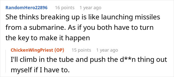 Screenshot of a Reddit comment about a breakup and launching missiles. Screenshot of a Reddit comment about a breakup and launching missiles.