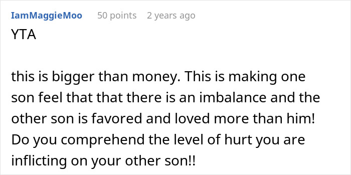 A comment about a mother's decision regarding her sons' inheritance, highlighting the emotional impact of favoritism. A comment about a mother's decision regarding her sons' inheritance, highlighting the emotional impact of favoritism.