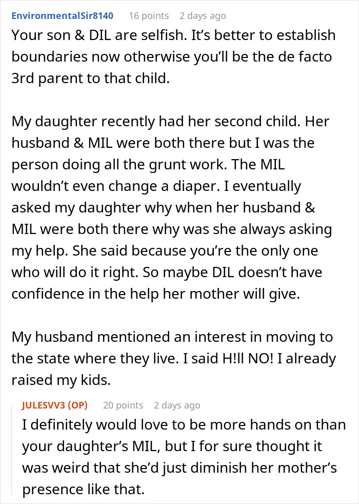 Reddit user comments suggesting a mother-in-law establish boundaries with a selfish son and daughter-in-law. Reddit user comments suggesting a mother-in-law establish boundaries with a selfish son and daughter-in-law.