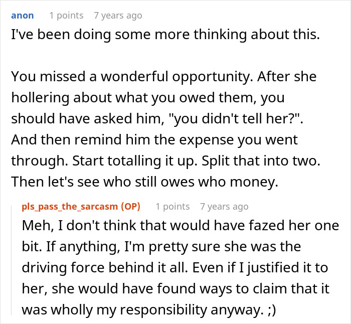 A Reddit comment suggesting a strategy to make the brother and SIL realize their debt after squandering inheritance. A Reddit comment suggesting a strategy to make the brother and SIL realize their debt after squandering inheritance.