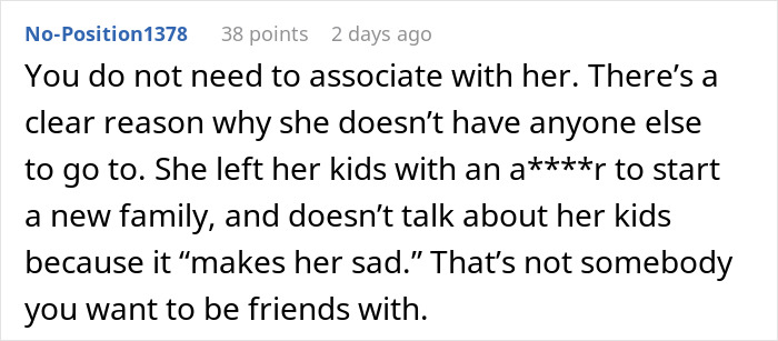 A Reddit comment criticizing a mother who left children for IVF with new husband and avoids talking about them. A Reddit comment criticizing a mother who left children for IVF with new husband and avoids talking about them.
