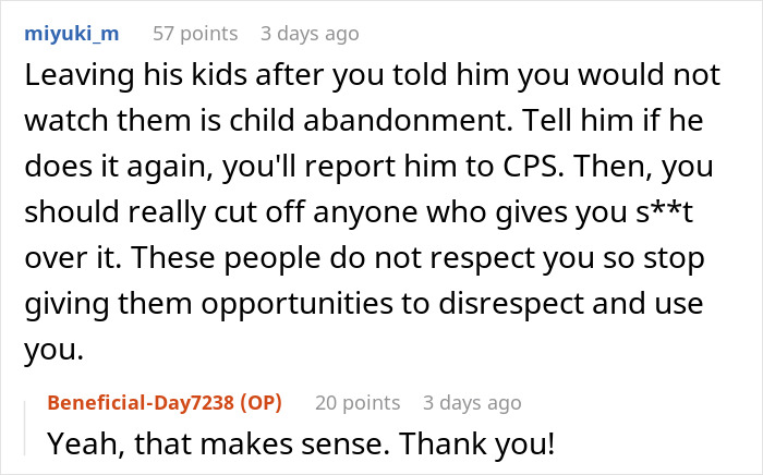 A social media thread about a dad dumping kids on a porch, with advice that family is not a free babysitting service. A social media thread about a dad dumping kids on a porch, with advice that family is not a free babysitting service.