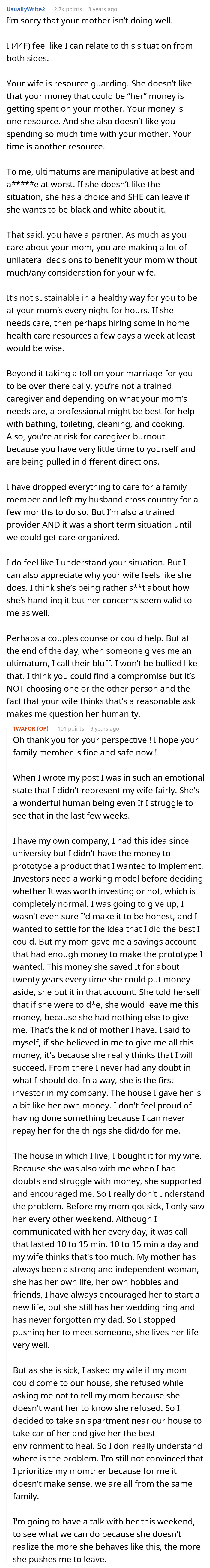 Reddit discussion on wife prioritizing sick mom issue