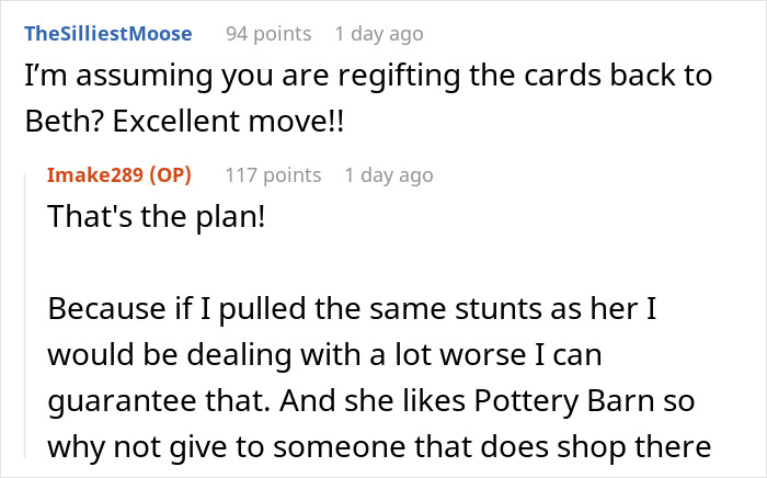 Online discussion about regifting used gift cards back to the cousin who caused wedding drama.