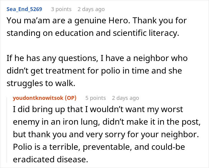 A forum comment praising scientific literacy and discussing historical diseases prevented by vaccines. A forum comment praising scientific literacy and discussing historical diseases prevented by vaccines.